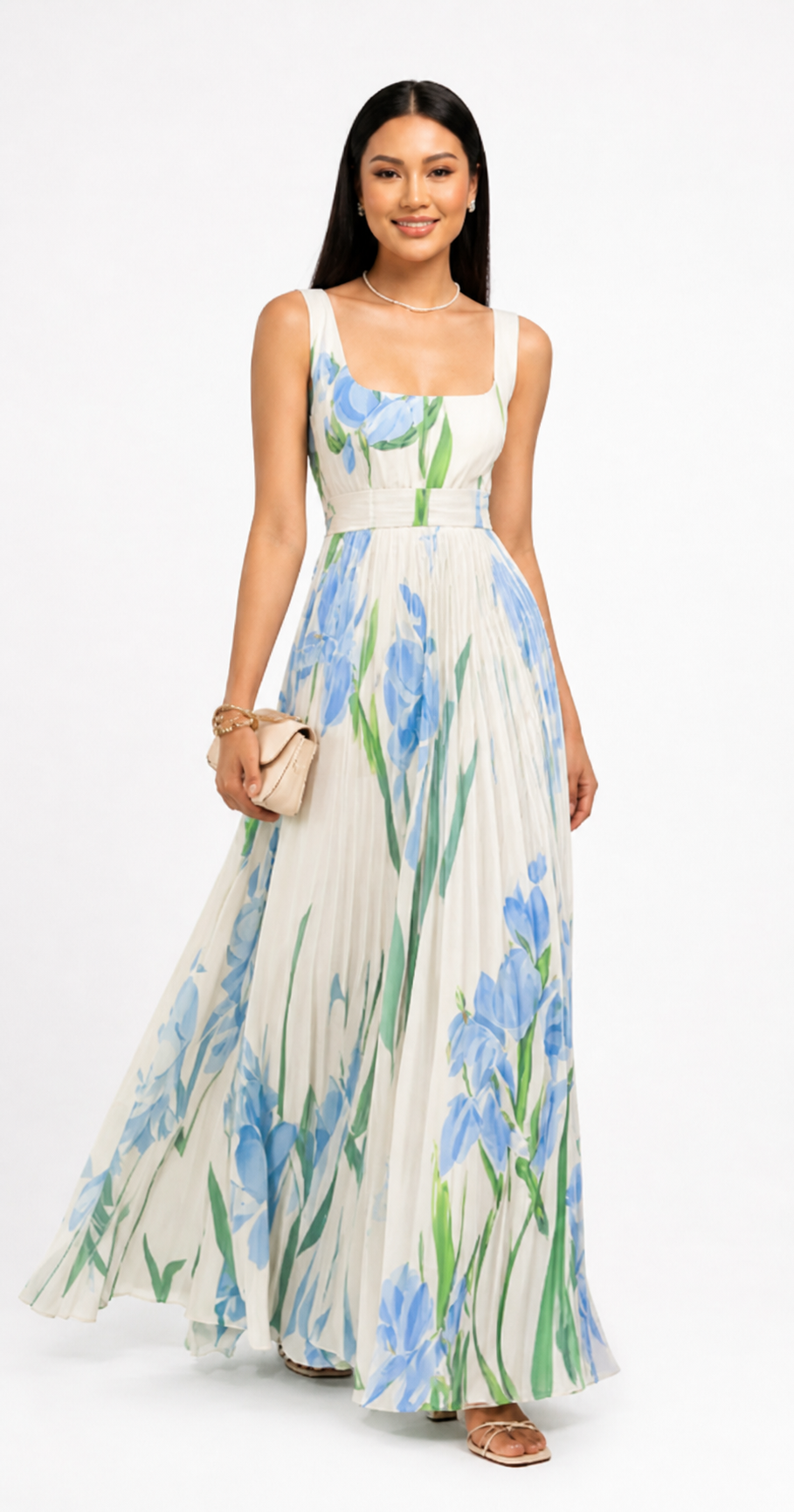 Floral Print Pleated Dress Summer A-Line Sleeveless Midi Dresses Women's Clothing