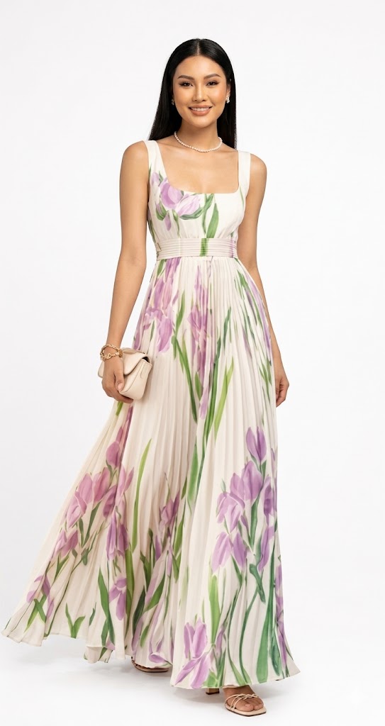 Floral Print Pleated Dress Summer A-Line Sleeveless Midi Dresses Women's Clothing