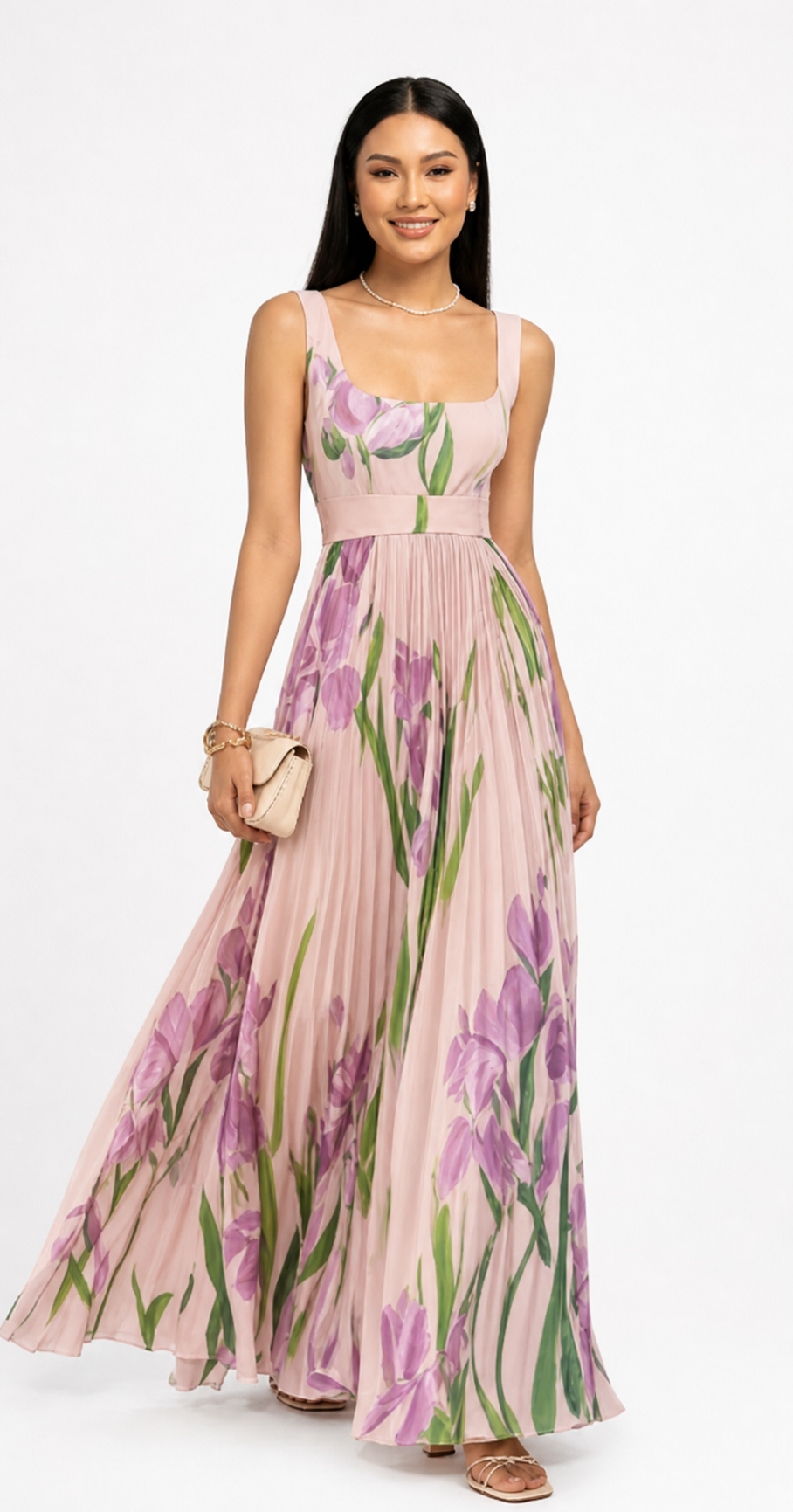 Floral Print Pleated Dress Summer A-Line Sleeveless Midi Dresses Women's Clothing