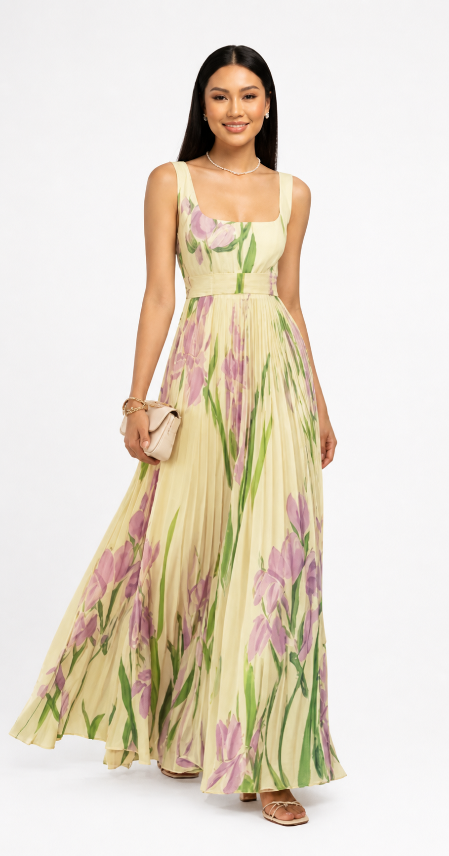 Floral Print Pleated Dress Summer A-Line Sleeveless Midi Dresses Women's Clothing