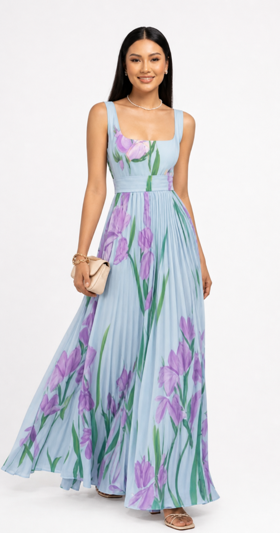 Floral Print Pleated Dress Summer A-Line Sleeveless Midi Dresses Women's Clothing